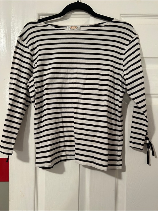 Talbots Tops - Talbots White and Black Striped Boatneck Long Sleeve Top with Sleeve Ties